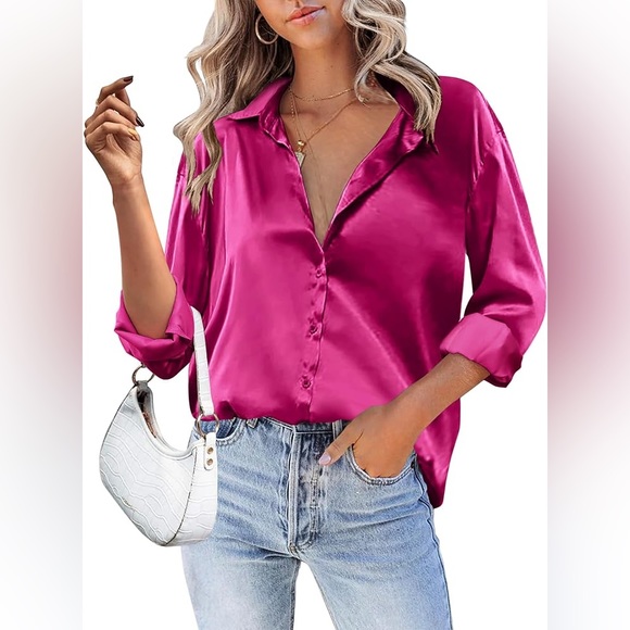Amazon Tops - Hotouch Satin Silk Button-Down Long Sleeve V Neck Casual Loose Shirt - NWL - 3XL